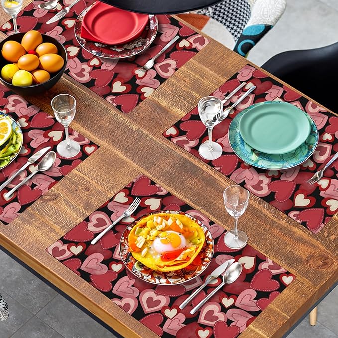 Valentines Day Love Hearts Placemats Set of 4 Valentine Red Black Heart Linen Table Mats Spring Wedding Anniversary Washable Place Mats for Outdoor Home Party Kitchen Dining 12x18 Inch
