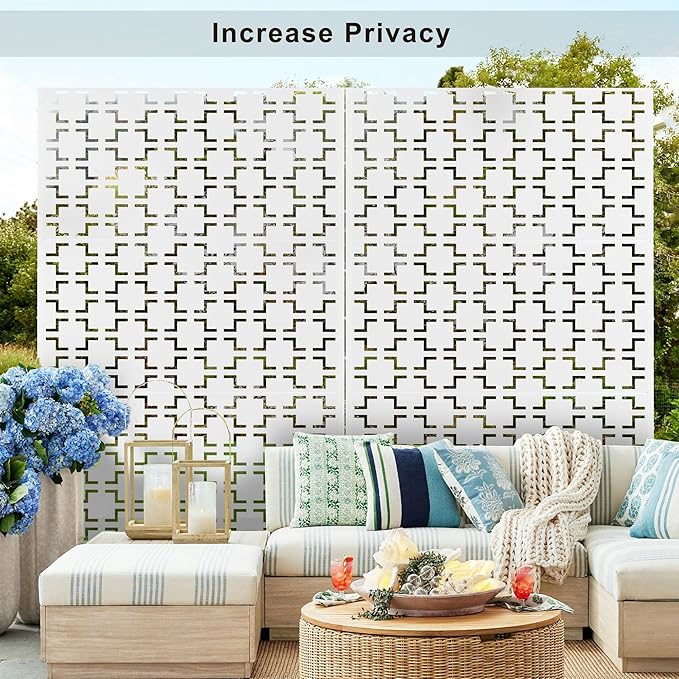 Elevens Metal Outdoor Privacy Screen, Freestanding Outdoor Divider Decorative Privacy Fence Screen, Fence Panels for Balcony Patio,72'' H×47'' W (White-Square)