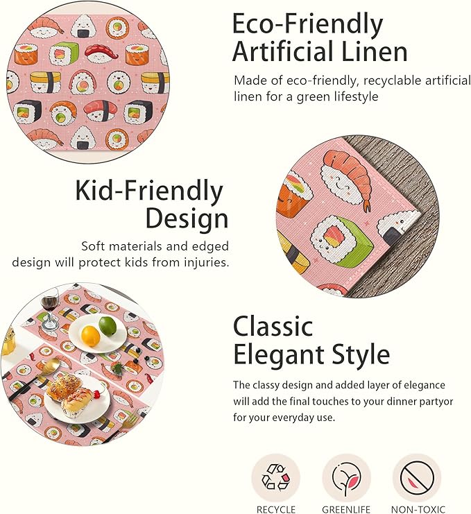 Japanese Style Cute Pink Sushi Rolls Placemats Set of 6,Waterproof Non-Slip Washable Table Mats Set for Kitchen Dining Holiday Party Wedding Decor 12x18 Inch