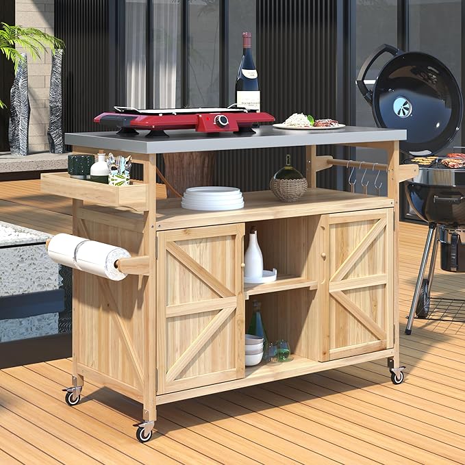Grill Table,Rolling Bar Cart, Storage Cabinet, Artificial Board,with Stainless Steel Top, Spice Rack, Towel Rack, Storage Space,Kitchen,Outdoor