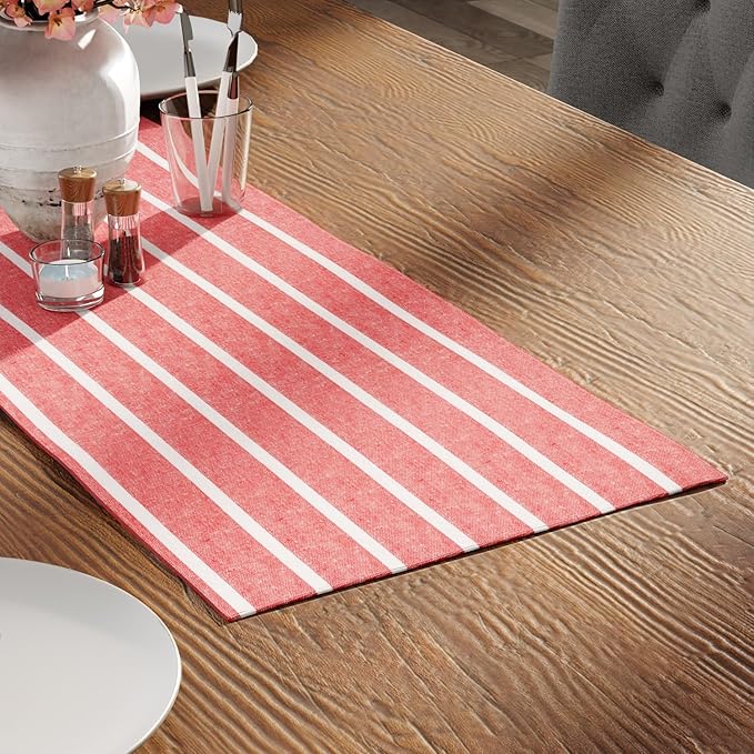 Encasa XO Cotton Dining Table Runner | Roma Red Stripes | Size 13x36 in - Machine Washable & Durable