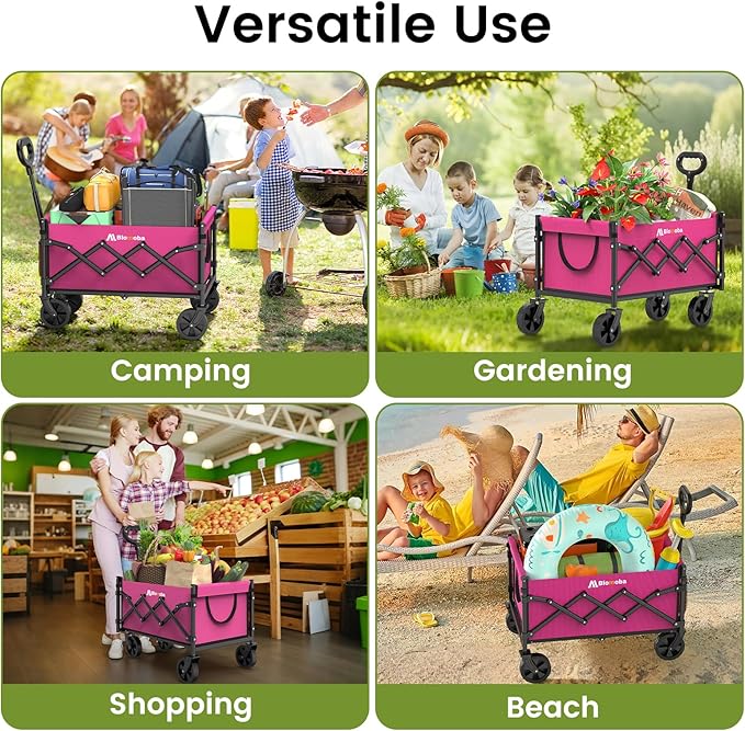Collapsible Wagon with Wheels, 220 lbs Wagons Carts Foldable Wagon Cart with Flexible Handle, Lightweight Portable Folding Utility Grocery Shopping Cart for Grocery Sports Garden Camping, Pink