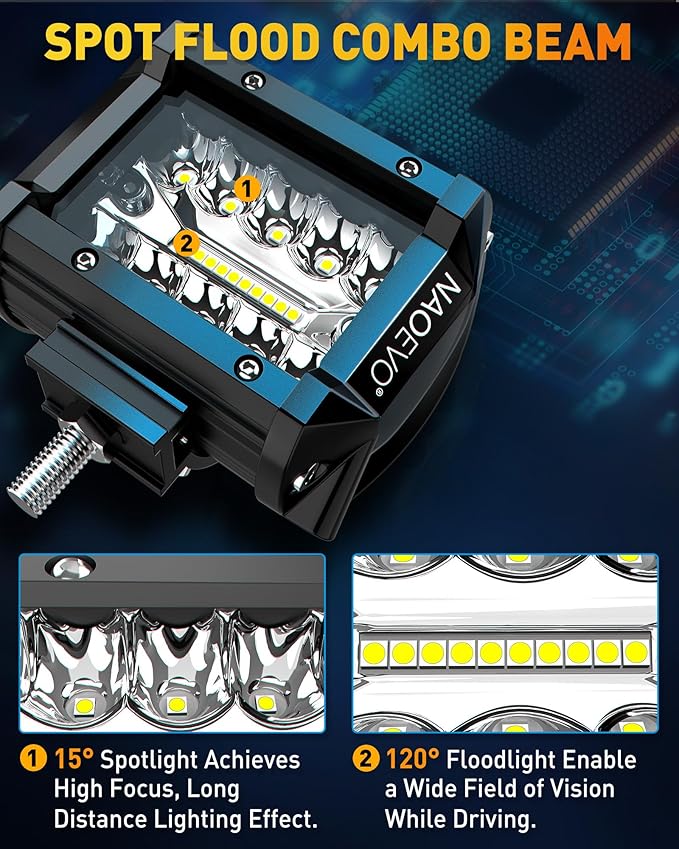 NAOEVO 4 Inch LED Pod Lights, LED Off Road/Driving/Fog Lights with Spot&Flood Combo, Cube Pods for Truck Tractor Boat ATV UTV, 4 Pcs with 4 Leads Wiring Harness (White)