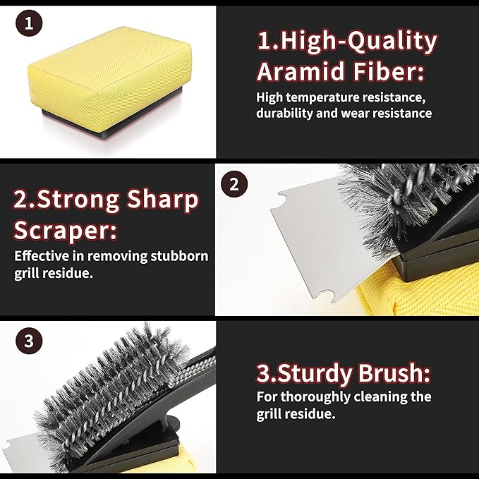 BBQ Grill Brush with Scraper-Removable BBQ Clearning Brush Head with Wire Bristles Brush & 2 Steam Brush-Black Grill Cleaner Brush Accessories for Gas/Charcoal Grilling Grates-Gifts for Grill Men