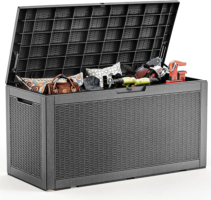 EasyUp 120 Gallon Deck Boxes Waterproof, Outdoor Large Storage Boxes with Lids, Outside Resin Storage Box & Deck Boxes for Patio, Garden Use(Black)