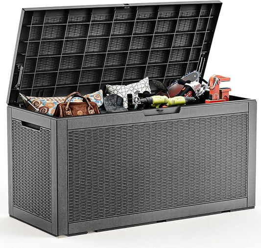 EasyUp 120 Gallon Deck Boxes Waterproof, Outdoor Large Storage Boxes with Lids, Outside Resin Storage Box & Deck Boxes for Patio, Garden Use(Black)
