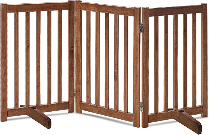 LZRS Freestanding Dog Gate 30 inch Tall - 3 Panels Solid Wooden Pet Gate for Doorways, Stairs & Hallways, Expandable & Foldable with Support Feet，Indoor Use,Oak
