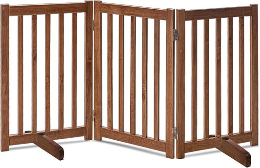 LZRS Freestanding Dog Gate 30 inch Tall - 3 Panels Solid Wooden Pet Gate for Doorways, Stairs & Hallways, Expandable & Foldable with Support Feet，Indoor Use,Oak