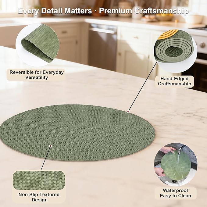 Round Faux Leather Placemats Set of 6 – 13 Inch Vinyl Mats, Heat Resistant, Non Slip, Wipeable & Washable, Easy to Clean Dining Table Decor for Kitchen & Holiday Gatherings（Olive Green）
