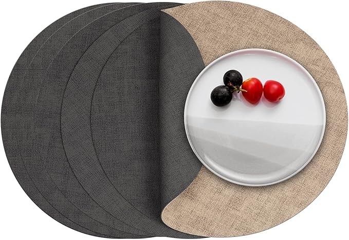 Myir JUN Round Placemats Dual Sided, Faux Leather Place Mats Set of 6 Indoor Placemat for Dining Table Outdoor Place Mat Non-Slip Washable Table Mats (Gray Beige, Set of 6)