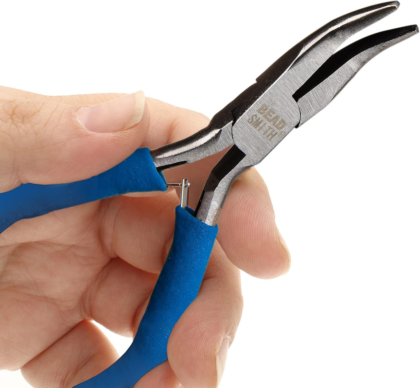 The Beadsmith Color-ID Bent Chain Nose Plier – 5 inches (127mm) – Blue Comfort Grip Handle – Polished Steel Head and Double-Leaf Spring - Tool for Jewelry Making