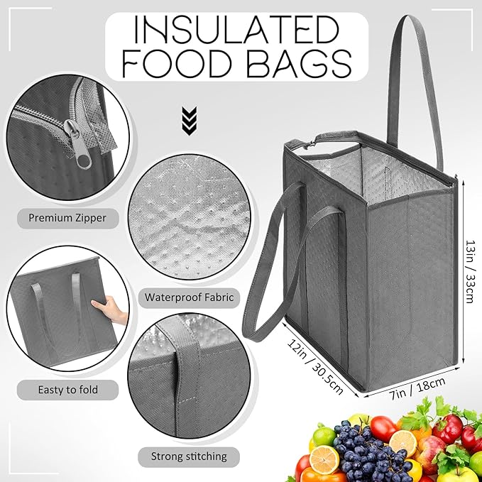 10 Pack Large Insulated Grocery Bags Reusable Shopping Bags with Zippered Top 13 x 12 x 7 Inch Thermal Cooler Totes Bulk with Handles for Hot Cold Food Delivery Refrigerator(Grey,Black)