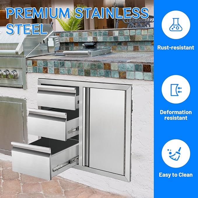 Outdoor Kitchen Drawer Combo, Stainless Steel Triple Drawers with Access Door, 28" W x 22" H x 19.5" D Outdoor Kitchen Cabinet for BBQ Island Grill Stations