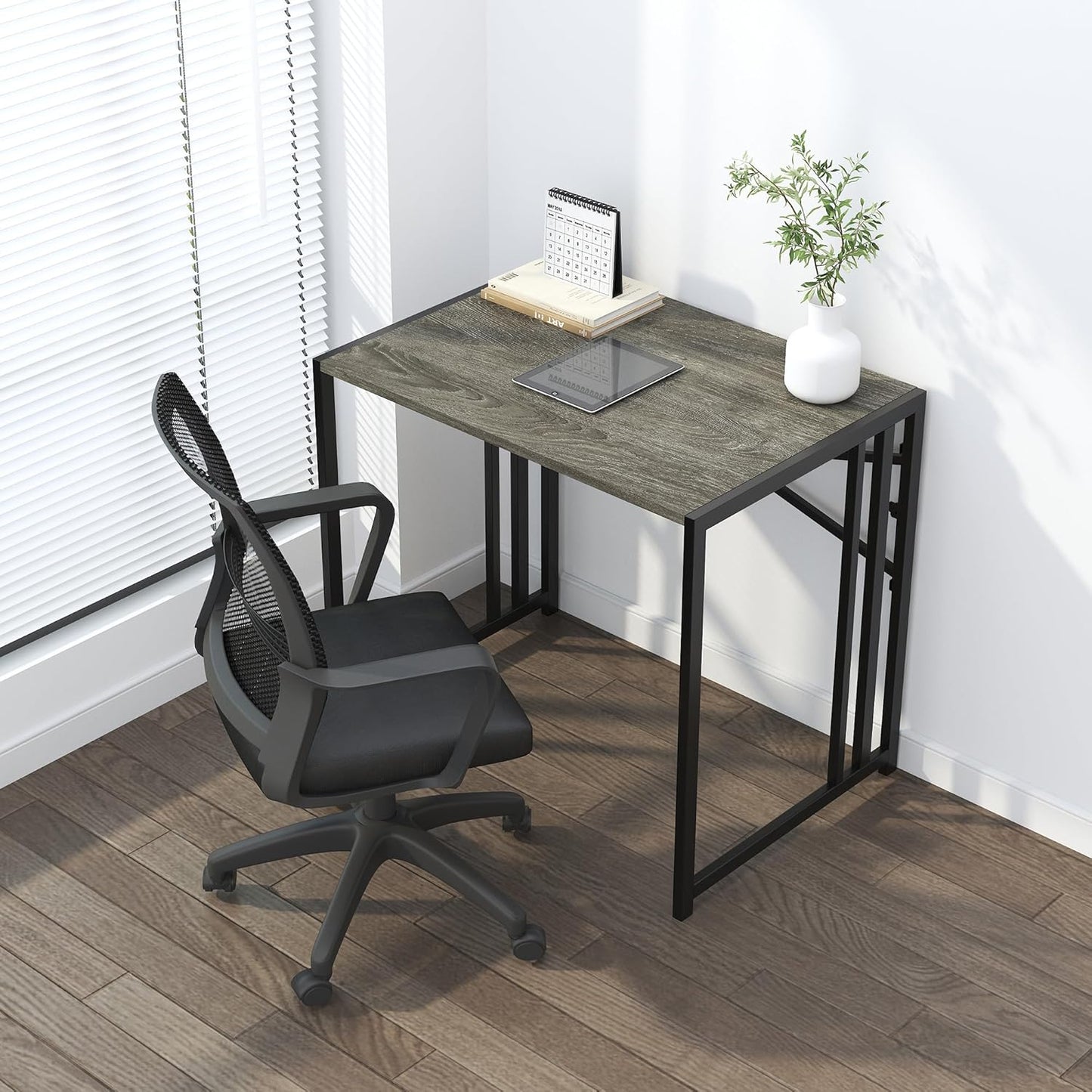 32 inch Small Folding Desk, Writing Gaming Computer Camping Desk for Small Spaces, No Assembly Required Home Office Desk, Black Oak