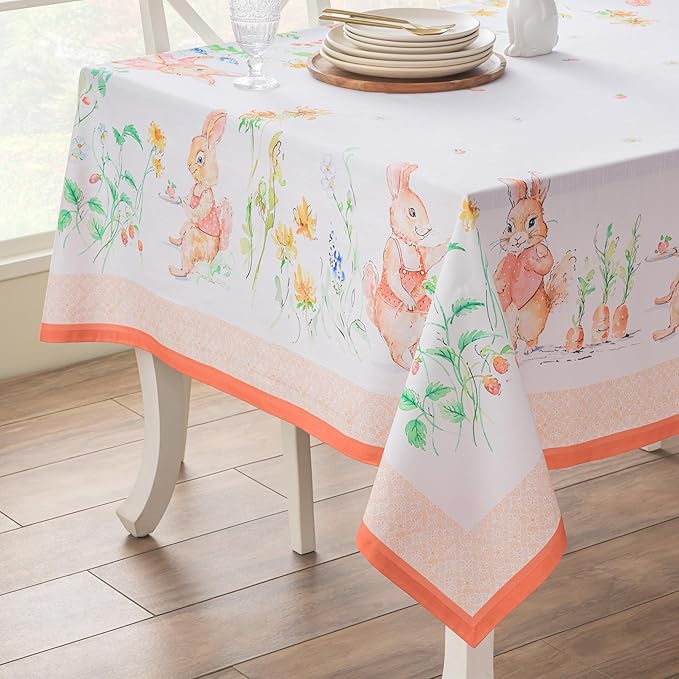 Maison d'Hermine Table Cloth Rectangle Table 100% Cotton Tablecloth for Dining Room, Farmhouse, Home, Hotel, Parties & Wedding - Ideal for Easter Decorations Spring & Summer (Bunny Party, 70" x 120")