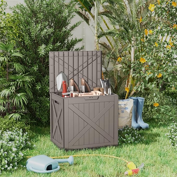 EasyUp 32 Gallon Outdoor Deck Box Waterproof, UV Resistant Resin Outdoor Storage Box for Delivery, Porch, Patio and Garden, X-Design Grey