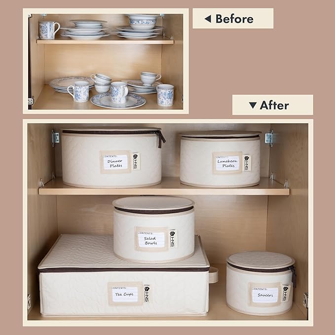 China Storage Hard Shell Containers 5-Piece Set Moving Boxes for Dinnerware, Glasses, Plates, Mugs and Saucers Sturdy Dish Organizer with Dividers for Seasonal Storage - Service for 12 - Beige Quilted