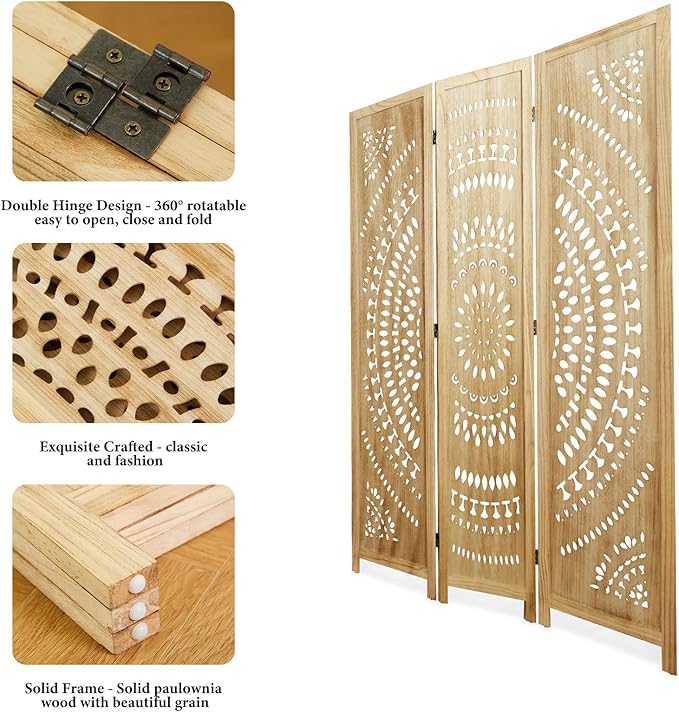 Room Divider Wood Carved Wall Divider Indoor Folding Bohemian Style Portable Partition Screen for Home Office Garden Terrace - 3 Panels (Natural)