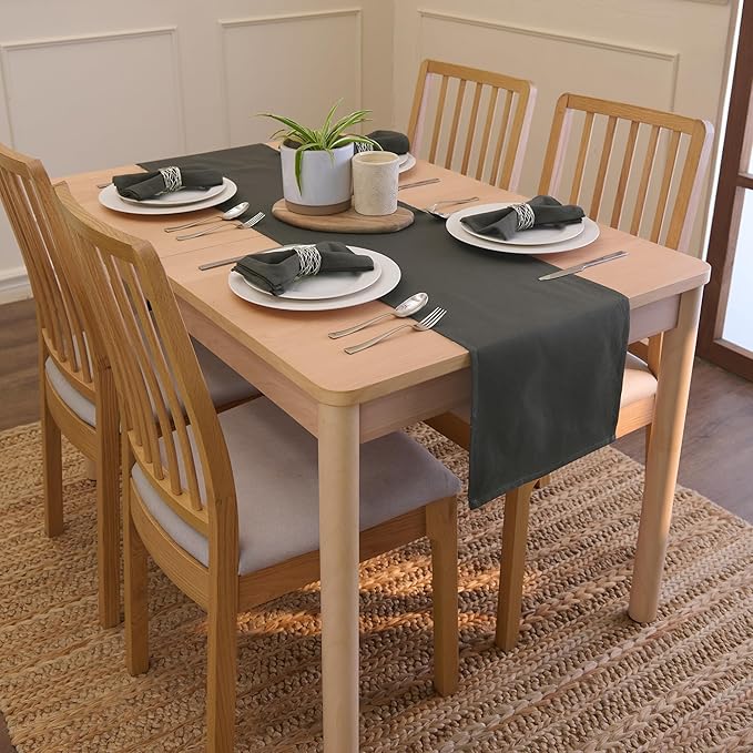 Encasa XO Table Runner 13"x72" Long | Cotton Canvas Fabric | Charcoal Grey Solid Color | Machine Washable & Durable