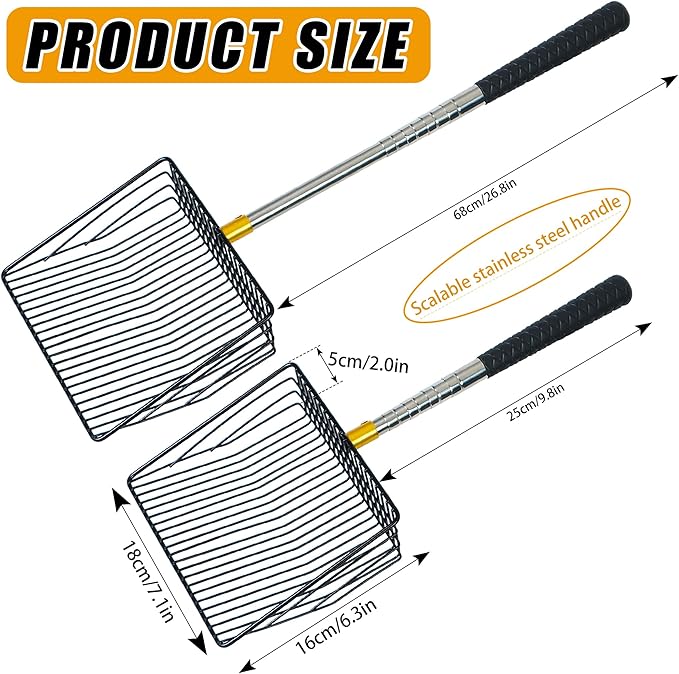 Hollow Out Fireplace Shovel Black Metal Coal Shovel Fireplace Ash Sifter Scalable Stainless Steel Handle with Silicone Protector to Prevent Burns, Fireplace Tools for Woodstove to Separate Coals