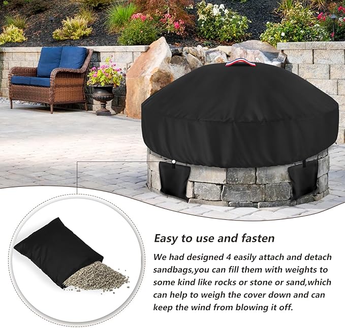 Outdoor Round Built in Stone Fire Pit Cover,Heavy Duty 600D Waterproof Cover for 50In-57In Fire Pit with Spark Screen,All-Weather Protection Round Fire Pit Cover for In Ground Brick Fire Pit,Black
