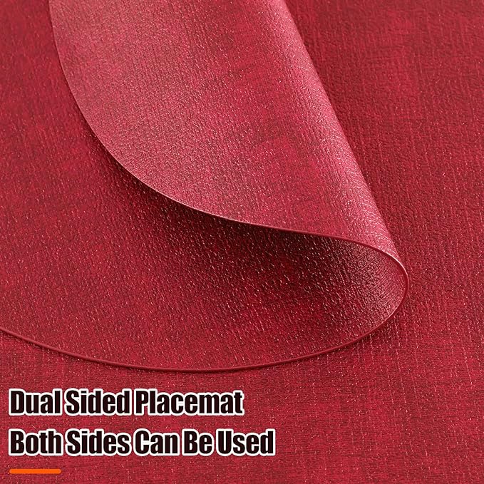 Homaxy Round Faux Leather Placemats and Coasters, Washable Dual-Side Table Mats, Wipeable Heat-Resistant Dining Place Mats for Outdoor and Indoor, Set of 8, Diameter 13 and 3.93 inch, Red