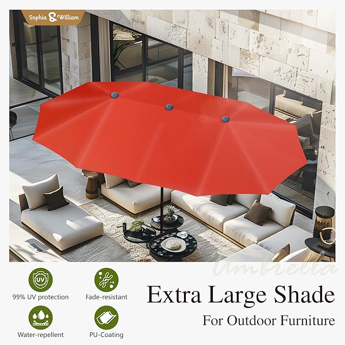 Sophia & William Patio Dining Set with 13ft Double-Sided Patio Umbrella, 8 Piece Metal Outdoor Table Furniture Set with 6 Chairs and 1 Rectangular Dining Table and 1 Large Orange Red Umbrella