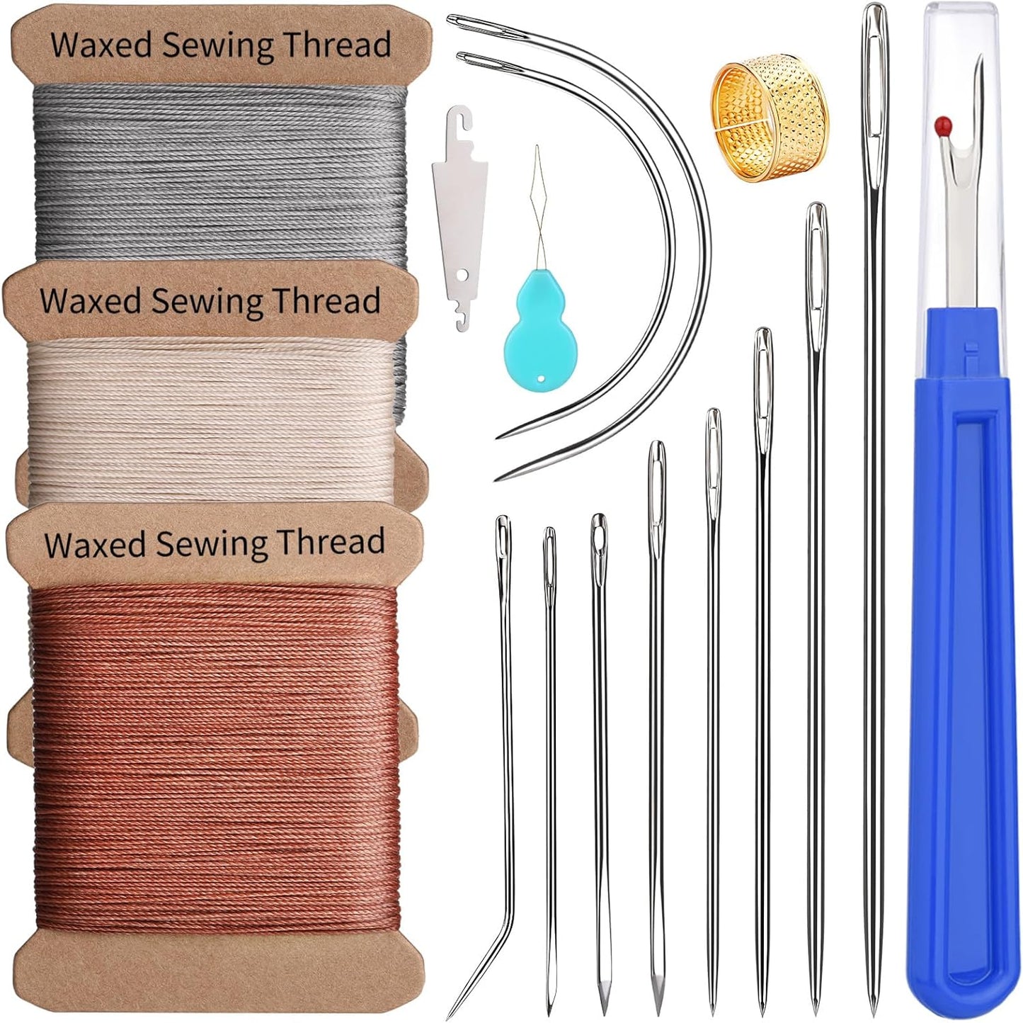 Upholstery Repair Kit, Thread Repair Sewing Kit and Upholstery Needle, 3 Colors 0.55mm Waxed Thread with 8 Pcs Heavy Duty Leather Needles for Hand Stitching, Canvas & Quilting