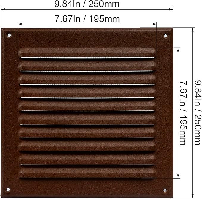 Square Ventilation Grille / 8" x 8" Inch Inside Measurement/Brown Metal Air Vent Louver - Inside/Outside use - / 10" x 10" Inch Outer Measurement