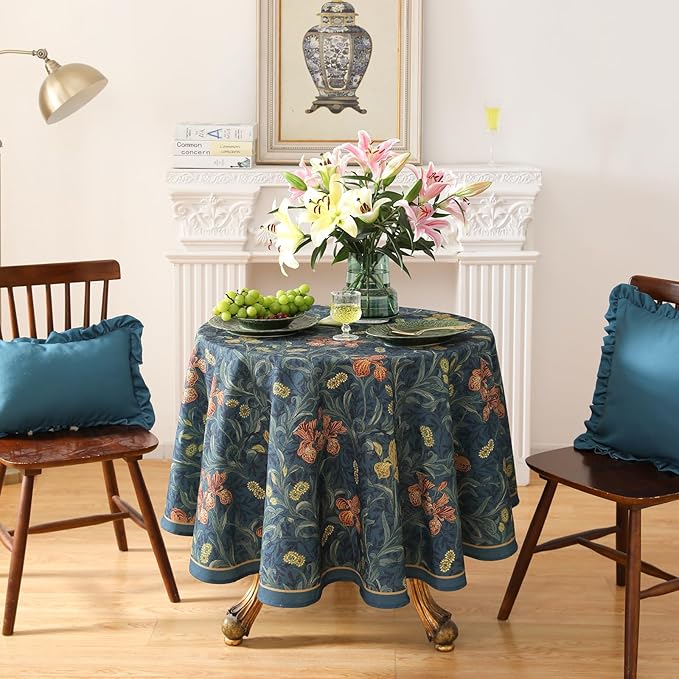 patdrea Designer Dark Blue Linen Round Tablecloth,Vintage French Rustic Floral Pattern Tablecloths,Decorative Table Cover Cloth for Kitchen,Dining,Tea Party,Home,Christmas,Diameter 55"