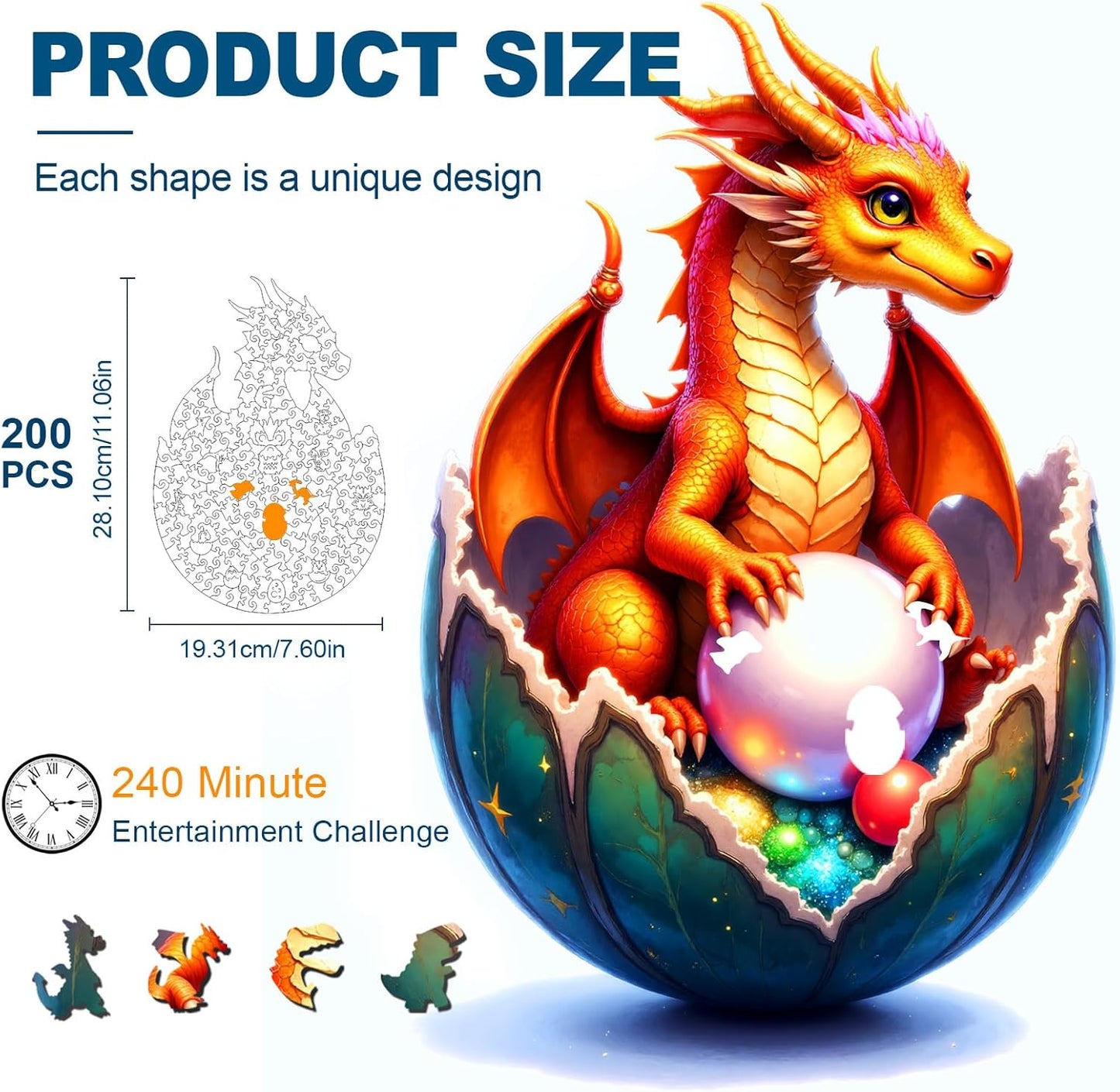 Wooden Jigsaw Puzzles for Adults and Kids, Dragon Hatchling 200 Piece Unique Shaped Puzzle, Family Game and Creative Wooden Puzzle Gift, Wall Art Decor