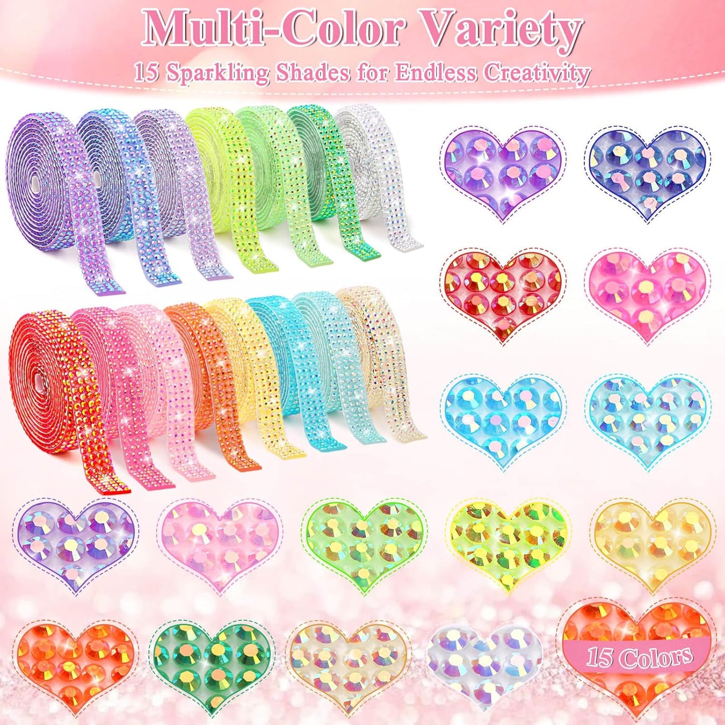 15 Yards Self Adhesive Rhinestone Strips, Rhinestone Ribbons Self Adhesive, Diamond Crystal Bedazzling Strips Glitter Bling Rhinestones Tape Stickers for Crafts, Fabric, Car, Shoes, Décor