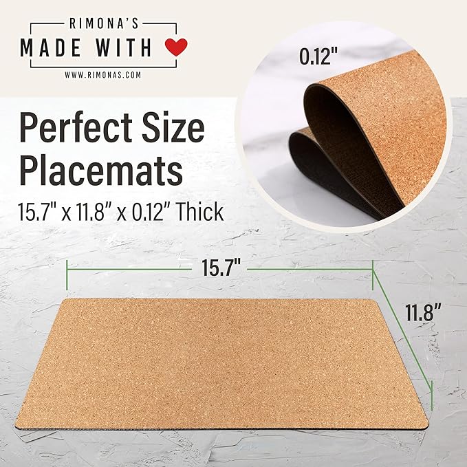 RIMONA'S Heat Resistant Cork Placemats Set of 4 - Natural Fine Cork, Waterproof, Heat Proof Table Protector, Non-Slip, Ideal for Gifting, Mother-in-Law Gift, All-Natural Hard Placemats