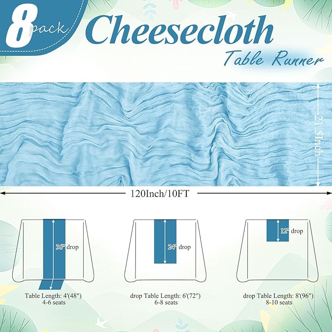 8 Packs Cheesecloth Table Runner 10FT Long Boho Gauze Fabric Table Runner Vintage Rustic Sheer Runners for Wedding Party Bridal Baby Shower Table Decorations (Light Blue)