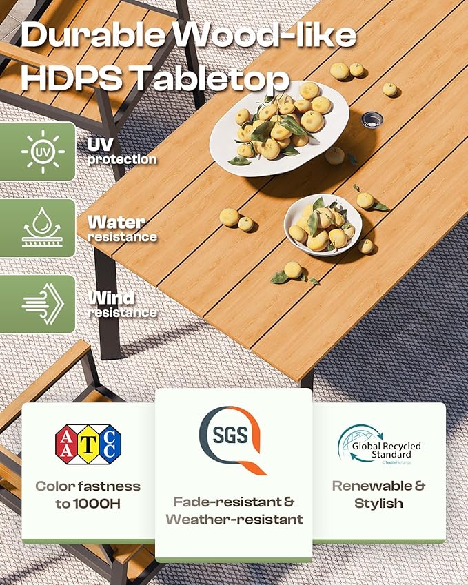 Patio Table and Chairs Set, 7 Piece Outdoor Dining Set with Umbrella Hole, HDPS + Aluminum Patio Furniture Set for Garden (Gray & Teak)