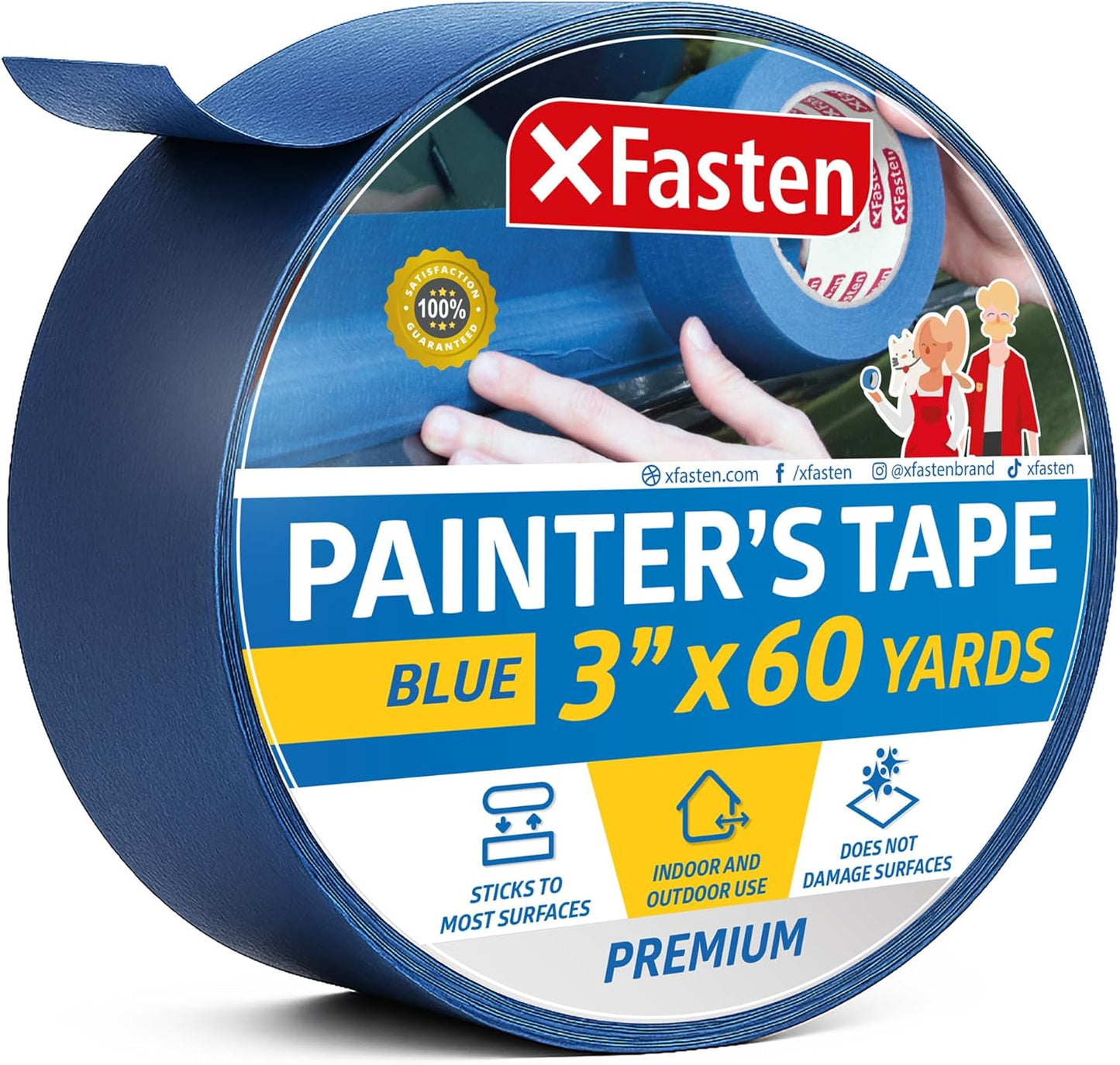 XFasten Professional Blue Painters Tape, Multi-Use, 3 Inches x 60 Yards Blue Tape - Sharp Edge Line Technology, Produces Sharp Lines | Residue-Free and Artisan Grade Wall Trim Tape