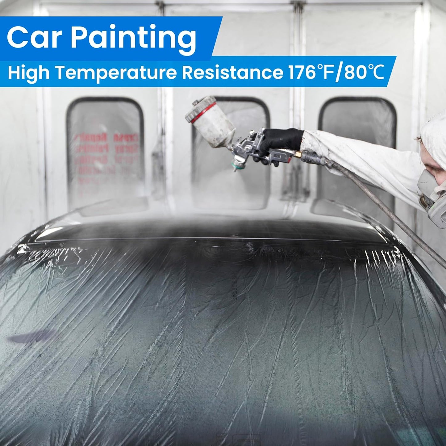 TAPEBEAR Upgrade Pre-Taped Masking Film Extra Thick, High Temp Tape and Drape 22" x 90', Plastic Cover for Automotive, Painting, Plastic Sheeting Masking Tape Film for Auto, Floor, Furniture, 4Rolls