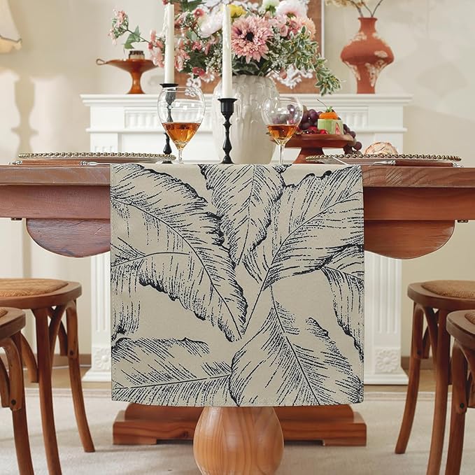 Double-Sided Table Runner - Reversible Oil Painting & Banana Leaf Design, Waterproof Linen Cotton for Dining Table Decor, Holiday Home Decoration（Pruple）