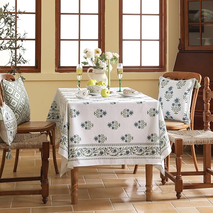 ISAENNE Designer White Linen Extra Long Tablecloth Rectangle,Chinoiserie Floral Elegant Indoor Table Cloth,Fall Stain Proof Decor Tablecloths for Dining Thanksgiving Kitchen,67"*118"-Mosella F