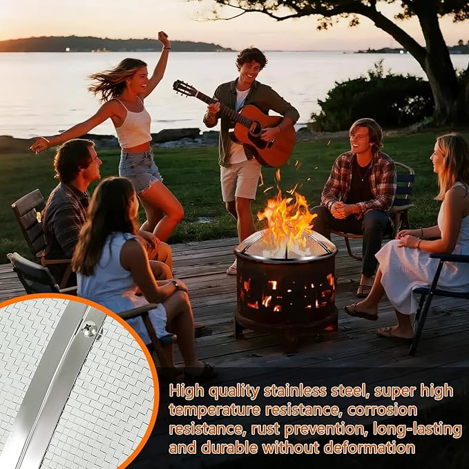24 Inch Fire Pit Spark Screen,Stainless Steel Fire Pit Screen Cover with Handle&Poker,Outdoor Fire Pit Screen Cover Round Mesh Lid Heavy-Duty for Backyard/Beach/RV Camping