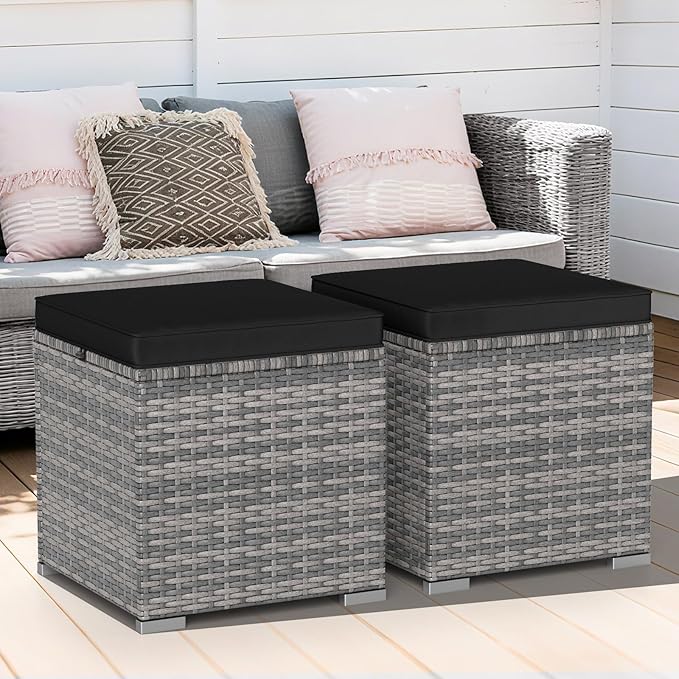 Tangkula 2 Pieces Patio Ottomans, Patiojoy Hand-Woven PE Rattan Side Table with Removable Cushion & Hidden Storage Space, Multifunctional Storage Box, Seat for Patio, Backyard, Poolside (Black&Grey)