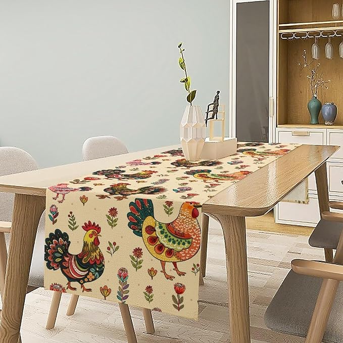 Rustic Farm Animal Table Runner, Vintage Rooster Boho Flowers Table Runner for Kitchen Dining Holiday Home Party 13x108in