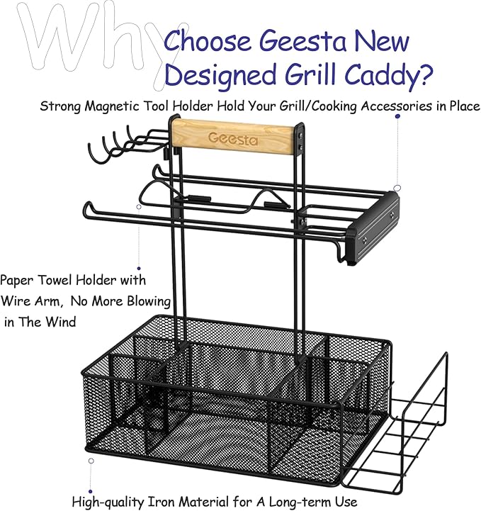 Geesta Grill Caddy for Outdoor Grill, BBQ Picnic Camping Caddy with Paper Towel Holder & Magnetic Tool Holder, Condiment Storage Utensil Kitchen Organizer for RV Camper, Tailgate Accessories