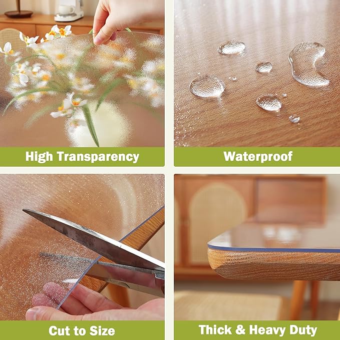 Frosted Clear Table Protector 24 x 36 Inch, 1.5mm Thick Plastic Table Cover, Waterproof PVC Clear Table Cover Protector, Desk Protector Mat, Writing Desk Pad for Desktop, Coffee & Dining Room Table
