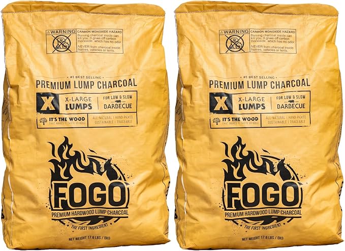 FOGO Super Premium Hardwood Lump Charcoal, Natural, Large Sized Lump Charcoal for Grilling and Smoking, Restaurant Quality, 17.6 Pound Bag, 2-Pack