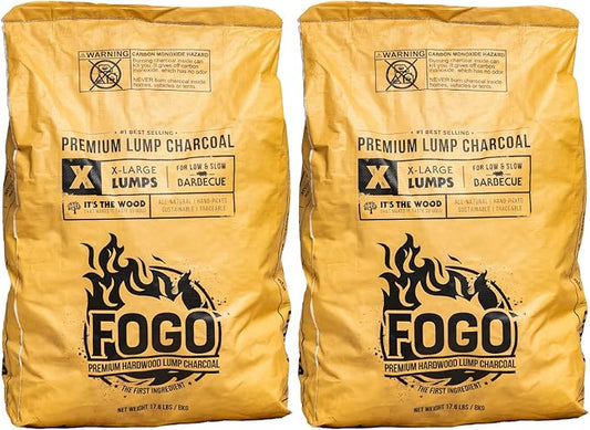 FOGO Super Premium Hardwood Lump Charcoal, Natural, Large Sized Lump Charcoal for Grilling and Smoking, Restaurant Quality, 17.6 Pound Bag, 2-Pack