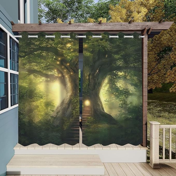 Fantasy Theme Waterproof Outdoor Curtains for Patio,Forest Pattern,Waterproof, Privacy, Grommet Curtains for Patio, Pergola, Porch, Deck, Lanai, Cabana,2 Panels,54 x 84 inch,Green