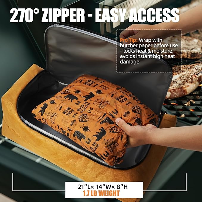 BBQ Blanket for Resting Meat, Leak-Proof & Reusable Insulated Meat Resting Bag, 270° Top Opening for Large Cuts, Meat Smoking Accessories Gifts for Men, Dad or for BBQ Lover - 21in
