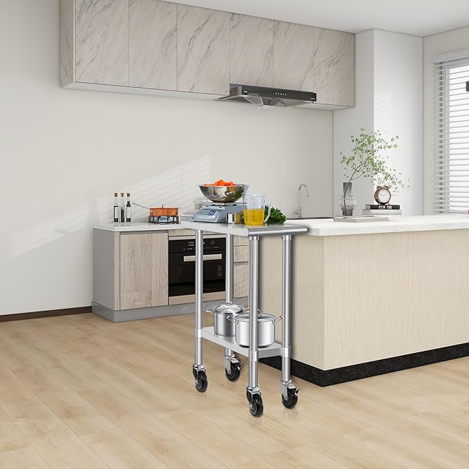 HARDURA Stainless Steel Commercial Work Table with Wheels Prep & Work Metal Table 30×12 Inches Heavy Duty NSF with Casters and 2" Backsplash
