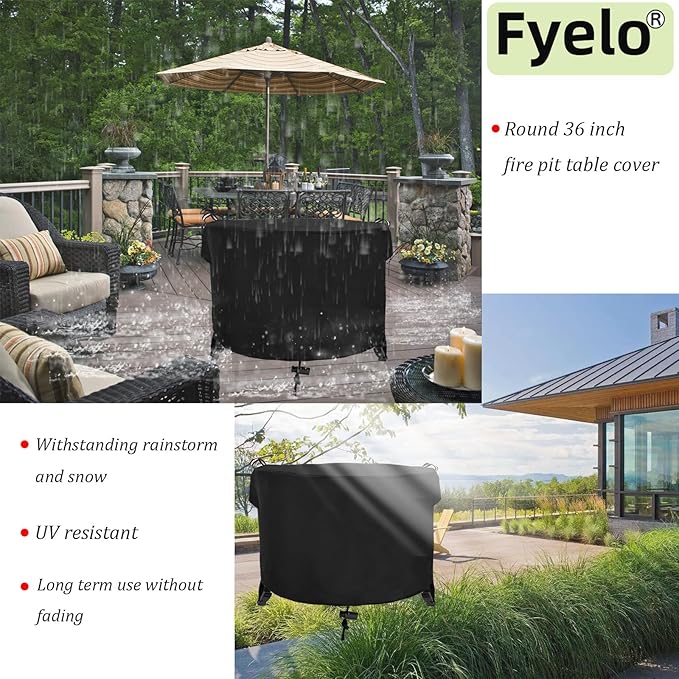 Round Fire Pit Cover 36" Dia X 24" H, 600D Strong Tear Resistant, Waterproof & UV Resistant Outdoor Cover, Fit for 33",34" ,35",36" Round Gas Firepits, Fire tables or Fire bowls, Black